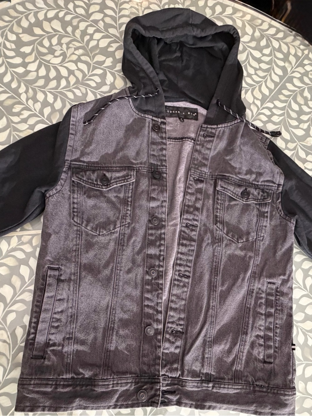 Men's Black Hooded Denim-Front Bomber Jacket - Contemporary Layered Style